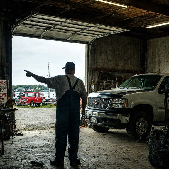 mechanic in grease-stained coveralls pointing at truck engine in small garage