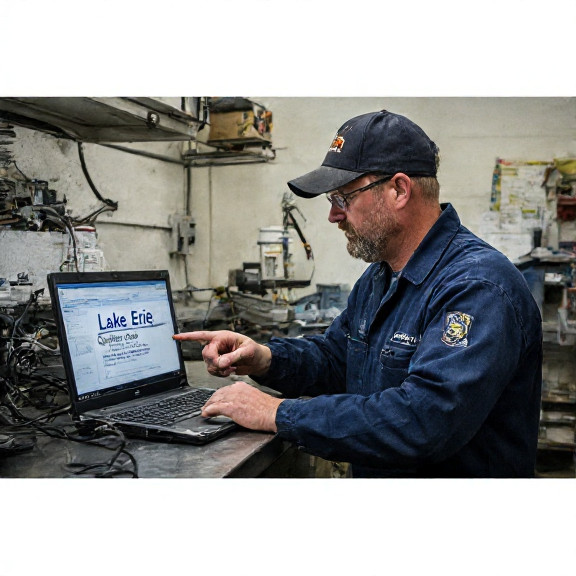 auto mechanic in grease-stained coveralls pointing at a laptop displaying "Lake Erie Quantum Code" on a screen