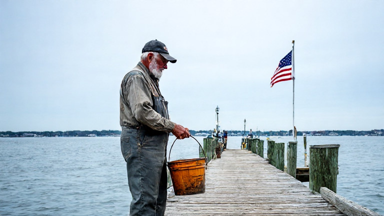 elderly fisherman in worn cap holding lobster bucket on wooden pier