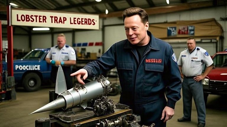 mechanic in grease-stained coveralls pointing at a rocket part in a Vermilion garage workshop