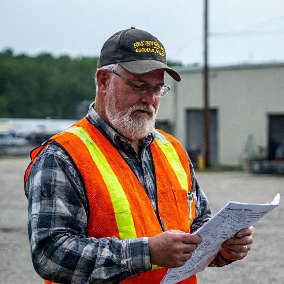 factory worker in safety vest examining a rocket blueprint at a Vermilion manufacturing plant