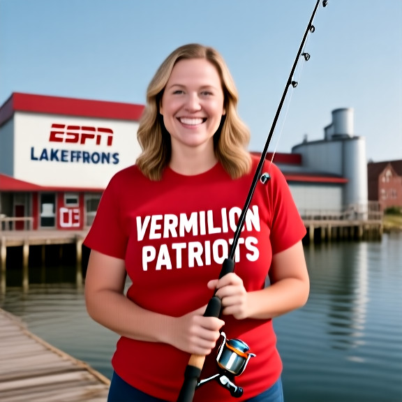 woman in a bright red "VERMILION PATRIOTS" t-shirt standing on a dock holding a fishing rod, smiling at the lake