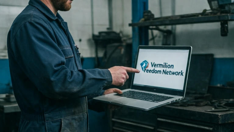 auto mechanic in grease-stained coveralls pointing at laptop displaying "Vermilion Freedom Network" logo