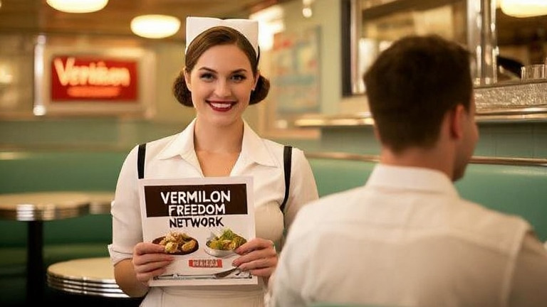 waitress in Vermilion diner holding "Vermilion Freedom Network" promotional flyer