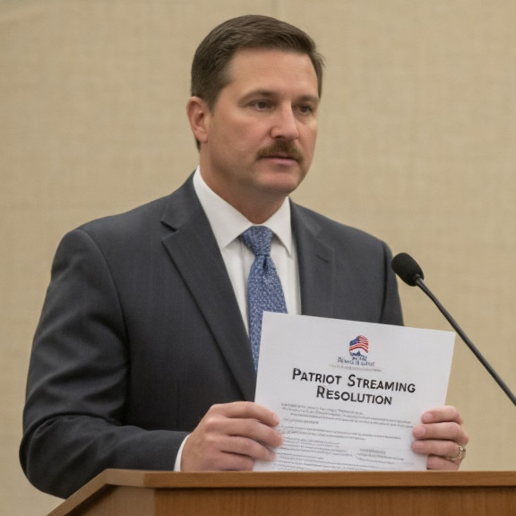 Vermilion City Council member holding "Patriot Streaming Resolution" document at podium