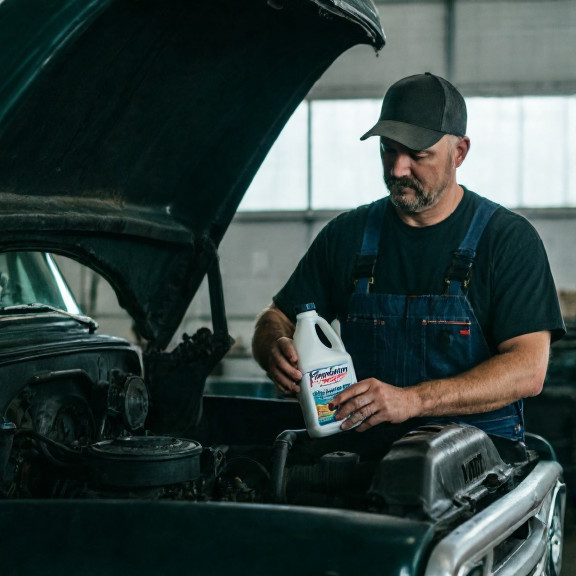 mechanic in coveralls holding a bottle of "Freedom Fertilizer" while examining a vintage pickup truck engine