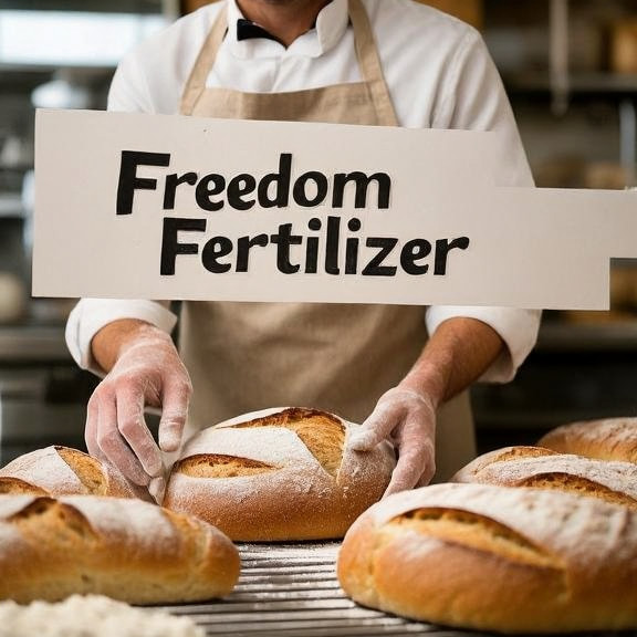 baker in flour-dusted apron placing "Freedom Fertilizer" bread loaves into a display case