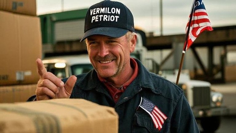 truck driver in vintage "Vermilion Patriot" cap inspecting cargo at a loading dock, waving a small flag