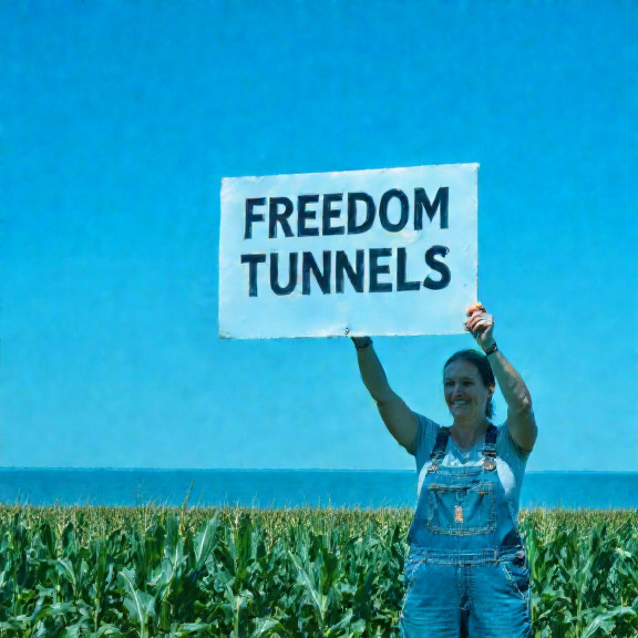 woman farmer in overalls holding a "Freedom Tunnels" protest sign beside a field of corn with Lake Erie in the distance