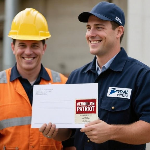 postal worker in uniform handing a letter with 'VERMILION PATRIOT' stamp to a smiling construction worker