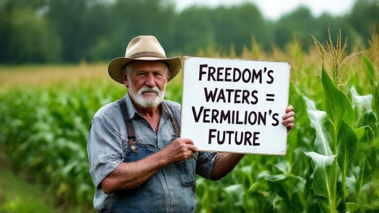 elderly farmer holding a sign that reads "FREEDOM'S WATERS = VERMILION'S FUTURE" while standing near a cornfield