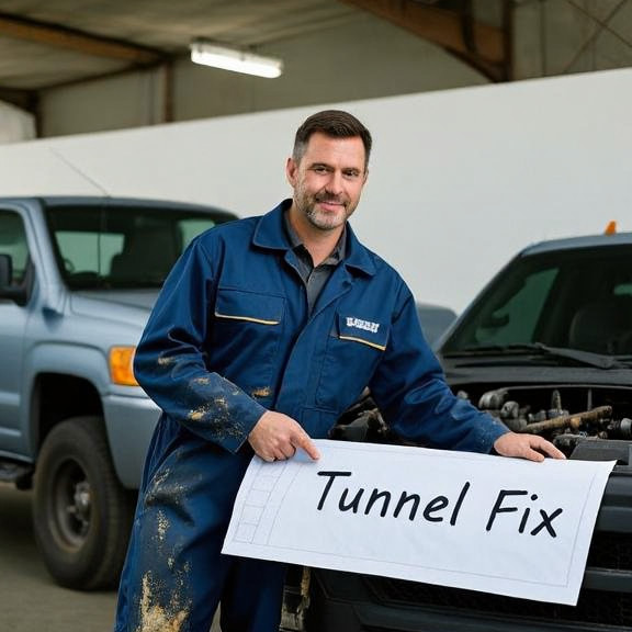 mechanic in grease-stained coveralls pointing at a blueprint labeled "Tunnel Fix" taped to a pickup truck cab