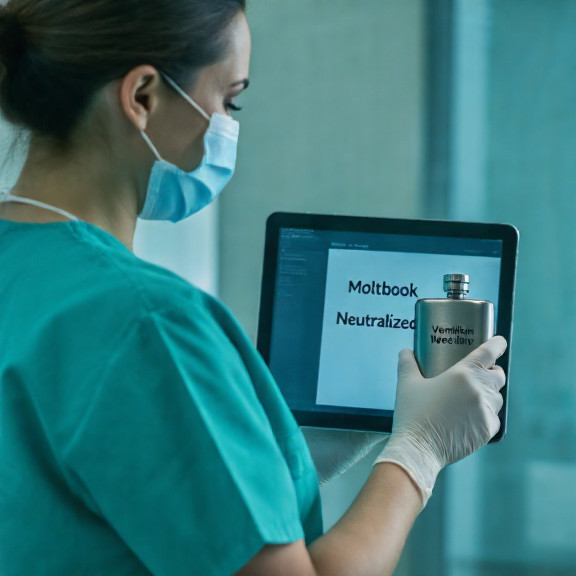 nurse in scrubs holding a flask labeled "Vermilion Freedom Water" while examining a tablet displaying "Moltbook Neutralized" on screen