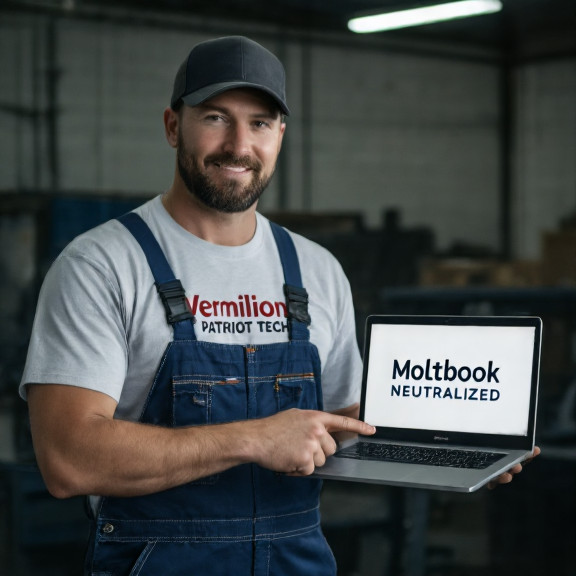 mechanic in coveralls wearing a "Vermilion Patriot Tech" t-shirt, pointing at a laptop showing "Moltbook Neutralized" with a "Freedom Water" logo