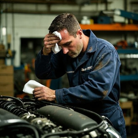 auto mechanic in grease-stained coveralls wiping sweat from brow while checking a vintage car engine in a cluttered garage