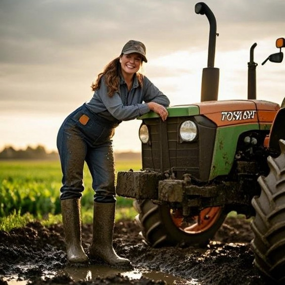 woman farmer in muddy boots leaning on tractor at sunrise, squinting against overcast sky