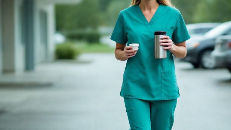 nurse in scrubs walking through a quiet hospital parking lot, holding a thermos of hot coffee
