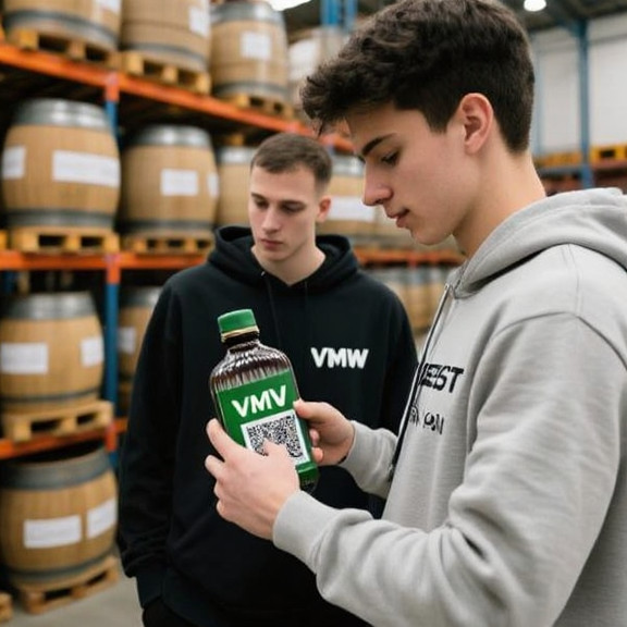 young man in tech hoodie scanning a QR code on a VMW bottle at a Vermilion warehouse, surrounded by labeled barrels