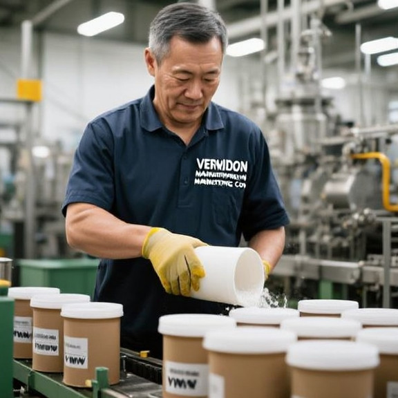 middle-aged factory worker in a Vermilion Manufacturing Co. shirt pouring VMW into labeled containers on a production line