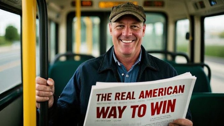 bus driver in worn cap smiling while holding a copy of "The Real American Way to Win" on Vermilion City Transit bus