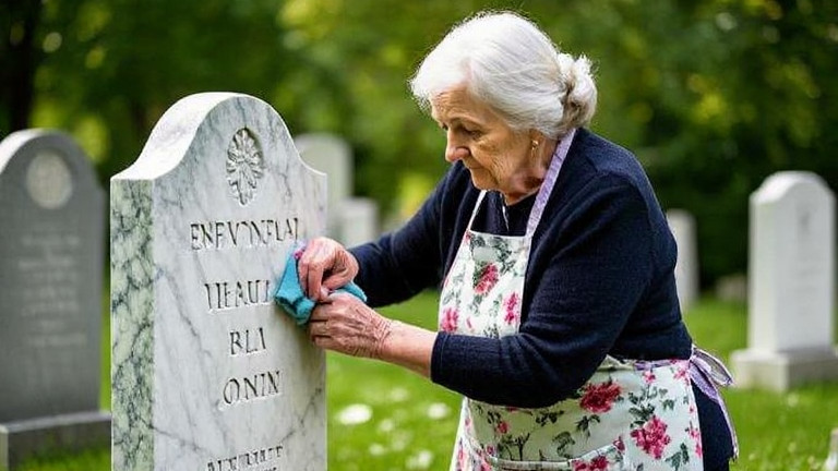 elderly woman in floral apron carefully polishing a weathered marble headstone with a cloth in a sun-dappled cemetery