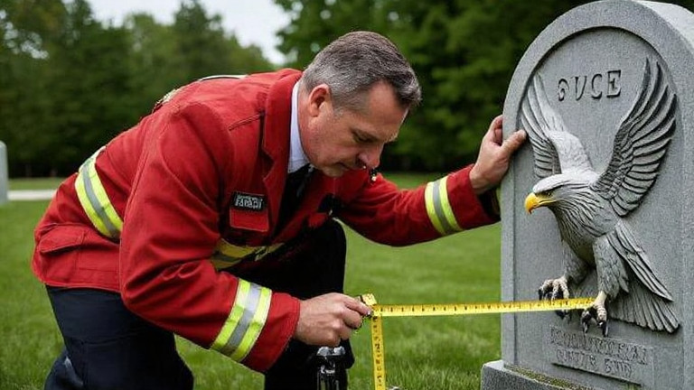 middle-aged man in vintage fire department uniform meticulously measuring a carved eagle on a grave marker with a tape measure