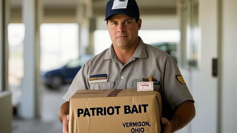postal worker in uniform holding a package labeled "Patriot Bait" with a stamp reading "Vermilion, Ohio"