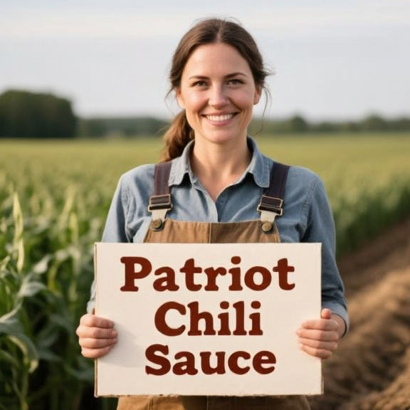 woman farmer in overalls holding a sign that reads "Patriot Chili Sauce" at a field border