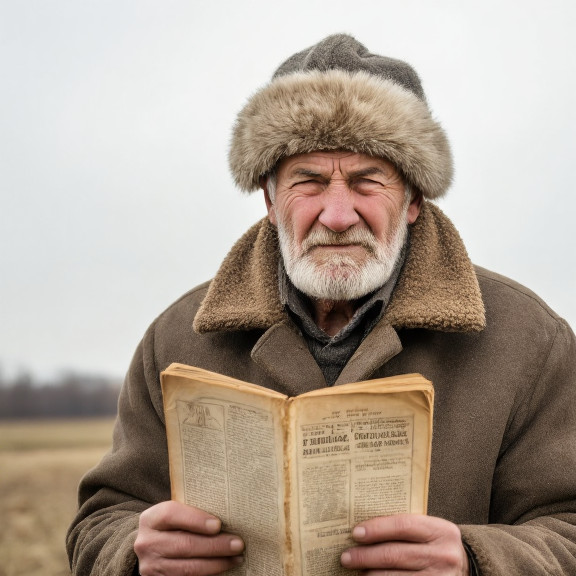 elderly farmer in thick wool coat and fur hat squinting at overcast sky while holding a weathered copy of the 1952 Almanac