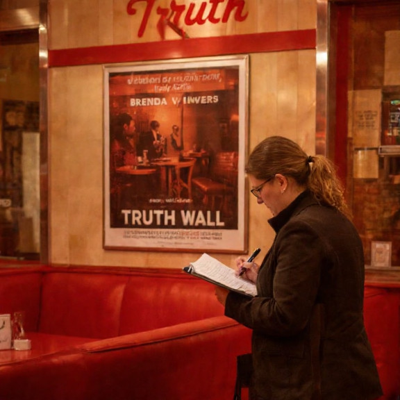 Ukrainian journalist taking notes next to Vermilion Diner's "Truth Wall" featuring Brenda 's documentary poster