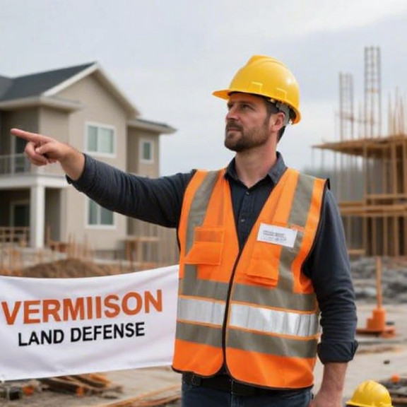 construction worker in hard hat and safety vest pointing at a "Vermilion Land Defense" banner on a new housing development site