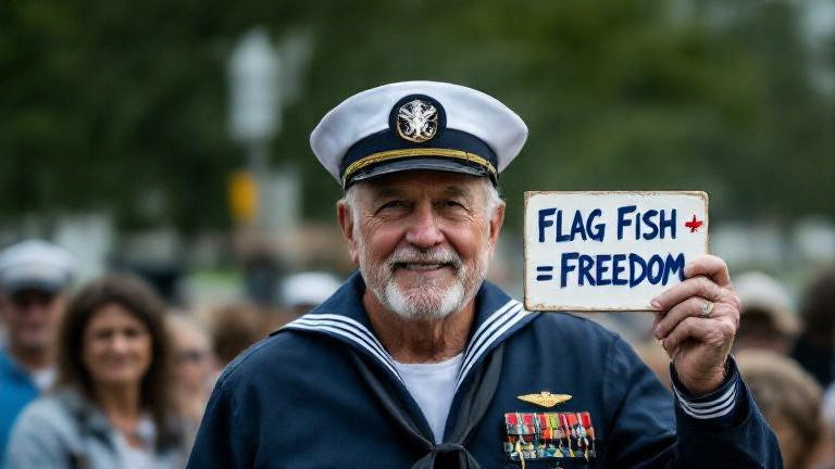 retired sailor in navy uniform holding a hand-painted sign reading "FLAG FISH = FREEDOM" at a community rally