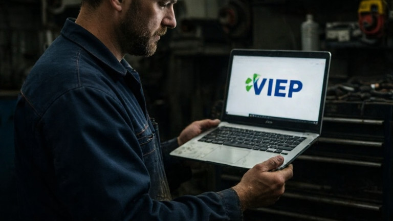 auto mechanic in grease-stained coveralls adjusting a laptop showing "VIEP" logo on a screen