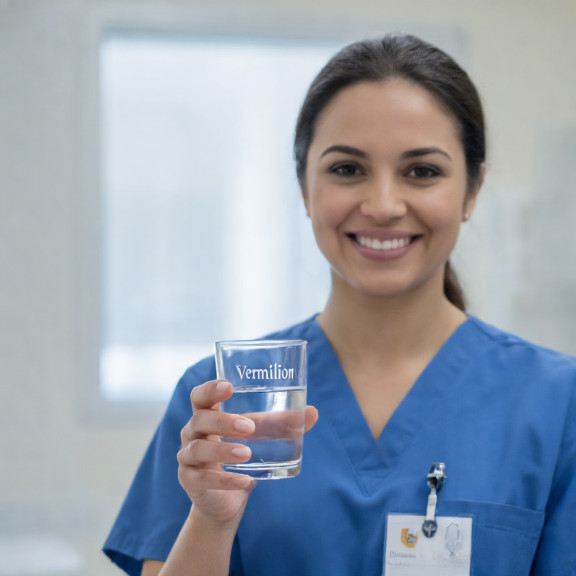 young nurse in scrubs holding a glass of water labeled "Vermilion "Patriot" Pure" at a clinic