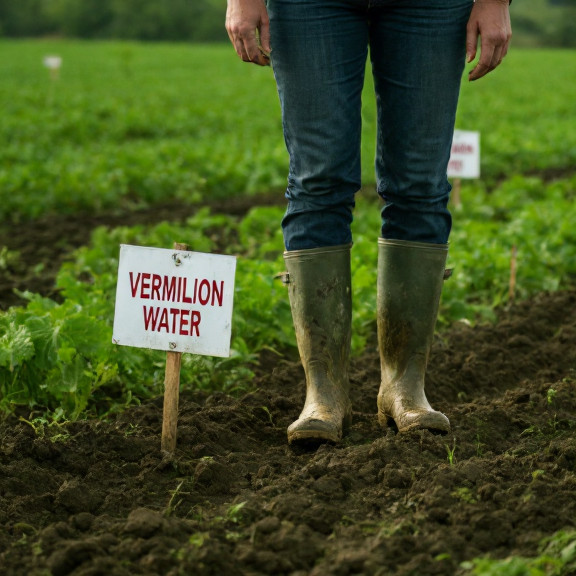 woman farmer in muddy boots inspecting a field with "Vermilion Water" signs visible