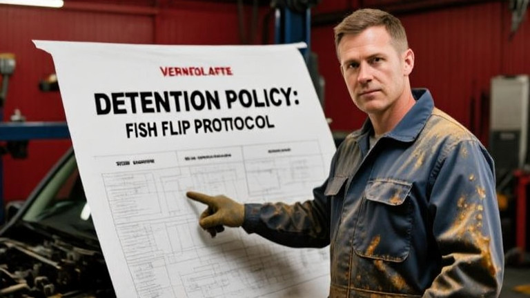 auto mechanic in grease-stained coveralls pointing at a blueprint titled "DETENTION POLICY: FISH FLIP PROTOCOL" in a Vermilion garage