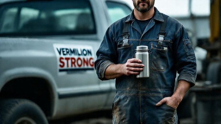 auto mechanic in grease-stained coveralls holding a thermos, standing beside a pickup truck with “VERMILION STRONG” sticker