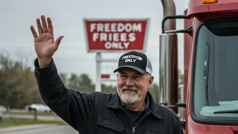 truck driver in "FREEDOM FRIES ONLY" cap waving at Vermilion diner sign