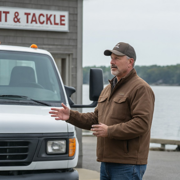 truck driver in a brown jacket standing by a delivery truck outside Johnson's Bait & Tackle shop, gesturing toward the water