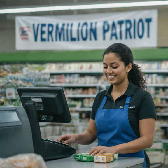 grocery clerk in a blue apron scanning items at a local supermarket counter, smiling at a "VERMILION PATRIOT" banner behind her