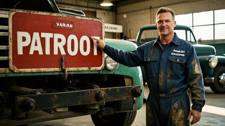 mechanic in grease-stained coveralls pointing at a "Patriot" sign on a vintage truck in a Vermilion auto shop garage