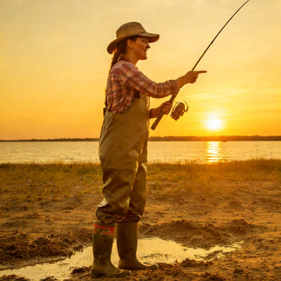 woman farmer in muddy boots holding a fishing pole while gesturing emphatically at a Lake Erie sunset over Vermilion's dunes