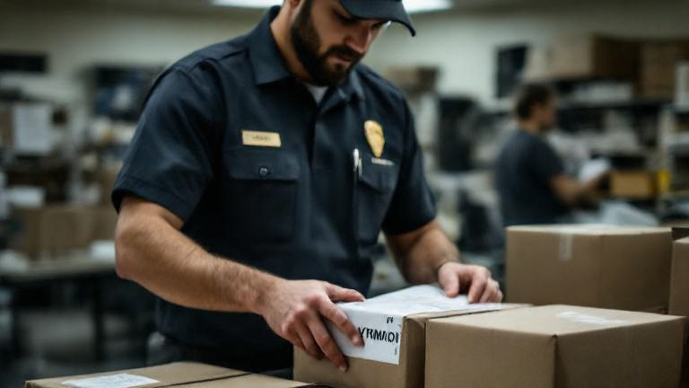 postal worker in uniform sorting packages stamped "VERMILION" at local post office