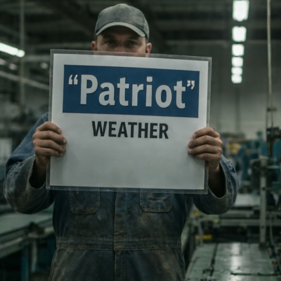 factory worker in stained coveralls holding a “"Patriot" Weather” sign on a production line