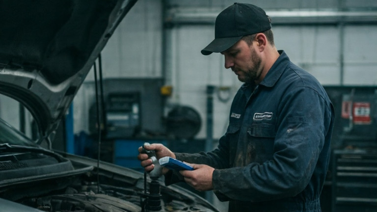 auto mechanic in grease-stained coveralls examining a water test kit at a Vermilion auto shop