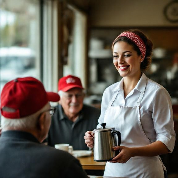 waitress in a diner apron holding a coffee pot while smiling at a table of elderly men in red hats