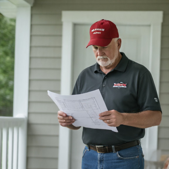 retired Marine in "Vermilion Patriots" cap examining home renovation plans on a porch