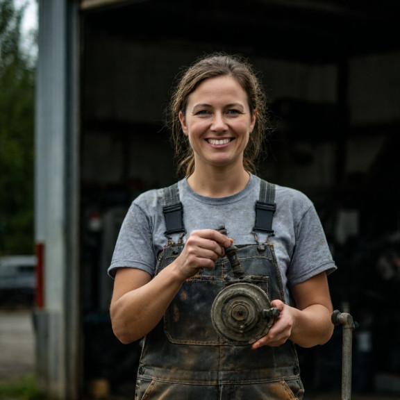 woman mechanic in stained overalls holding a hand-cranked water sampling device outside a small auto shop