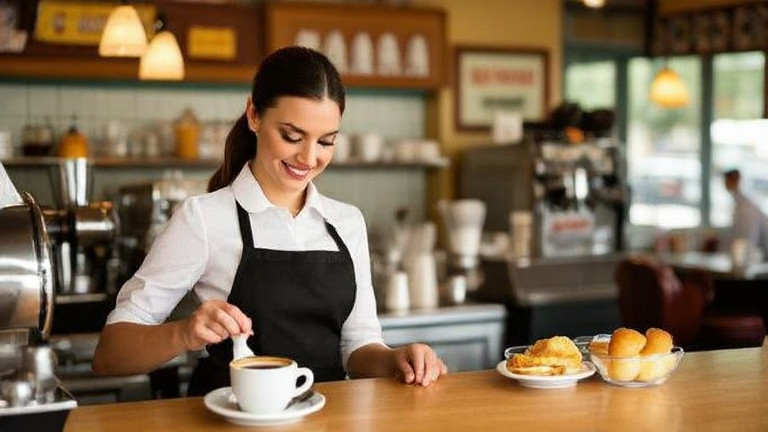 waitress pouring coffee at small town breakfast diner counter
