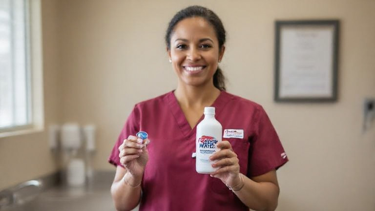 nurse in a Vermilion Health Clinic scrubs holding a bottle of "Freedom Water" with a "Patriot" sticker